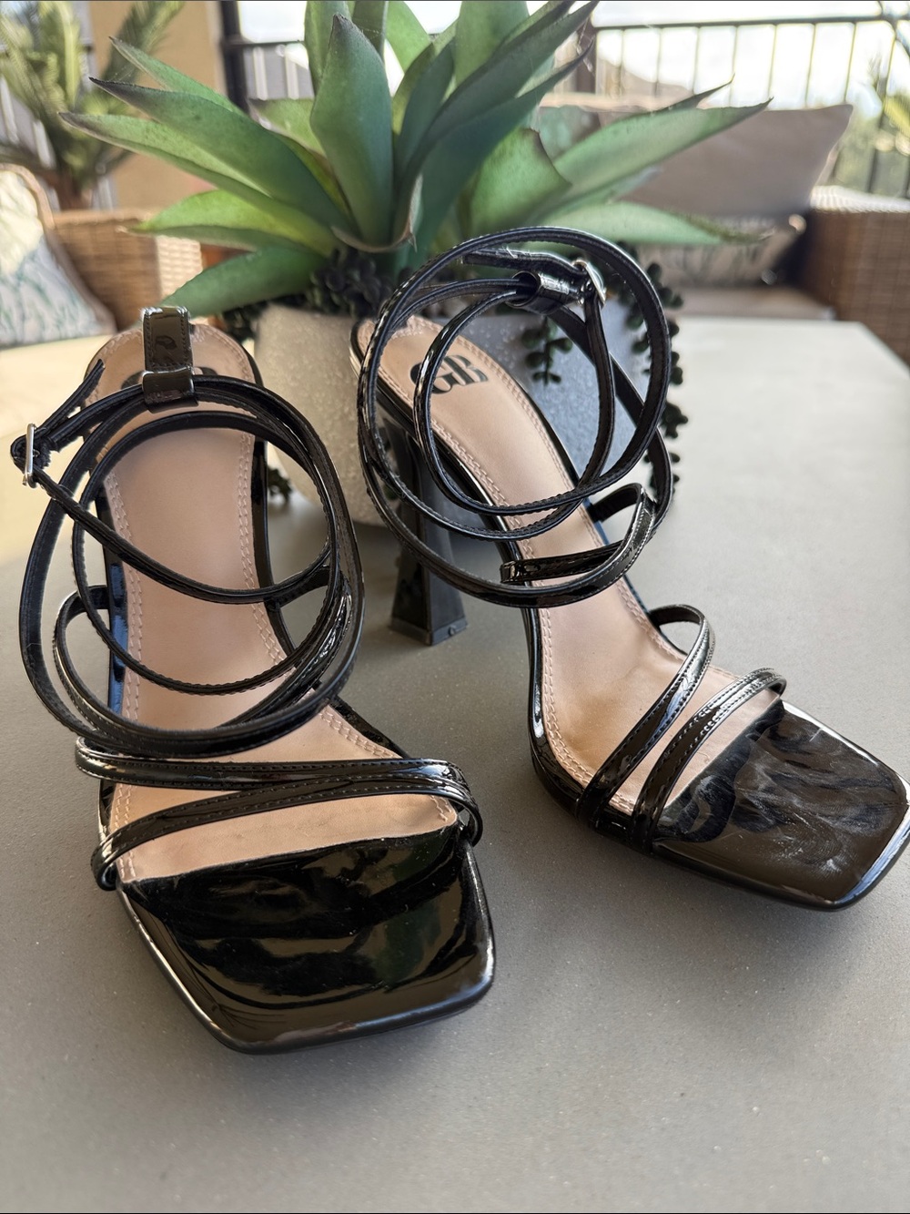 GB Golden Hour Black Patent Sandal Size 8 1/2, Worn 1x, Great Condition!